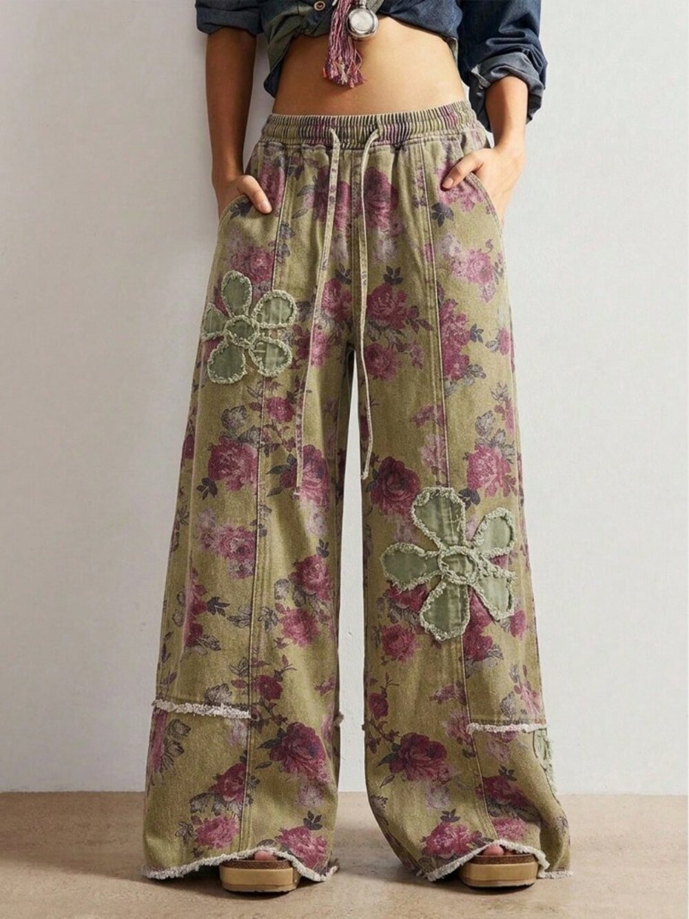 Boho Women's Casual floral with distress floral Jacquard Country wide-Leg Pants